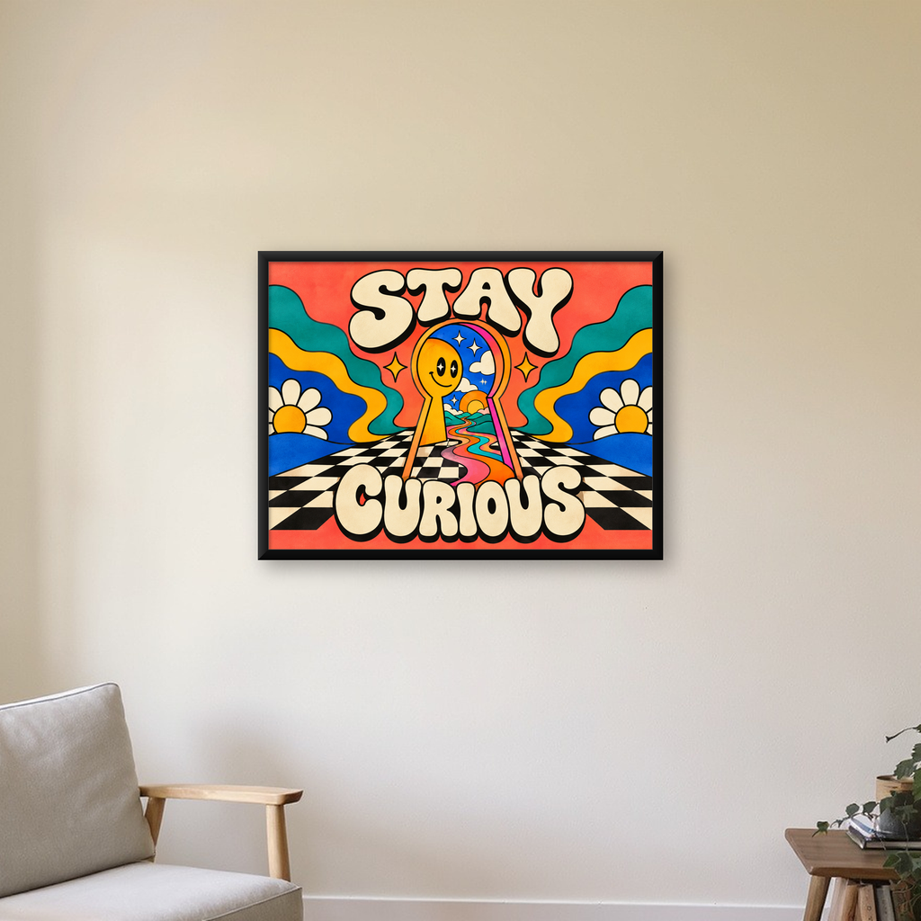 Psikedelik Anahtar Deliği ve STAY CURIOUS Poster Baskı — Yatay baskı, çerçeveli hâliyle bir ev duvarında