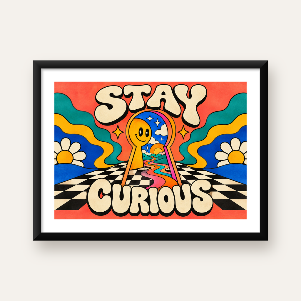 Psikedelik Anahtar Deliği ve STAY CURIOUS Poster Baskı — Yatay baskı, beyaz paspartulu