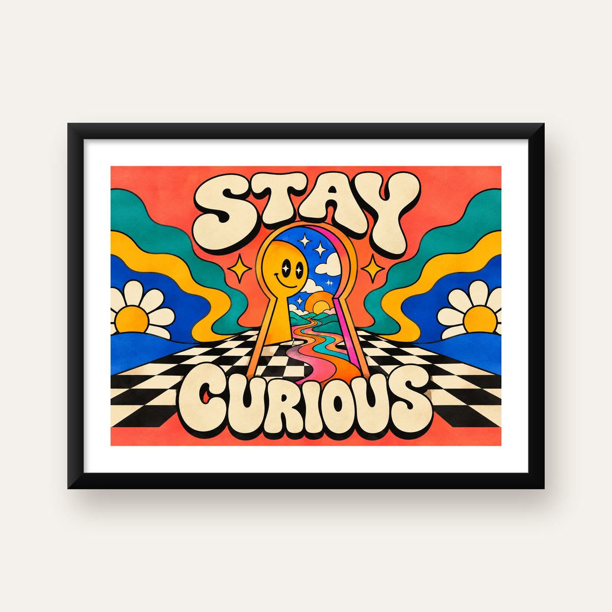 Psikedelik Anahtar Deliği ve STAY CURIOUS Poster Baskı — Yatay baskı, beyaz paspartulu