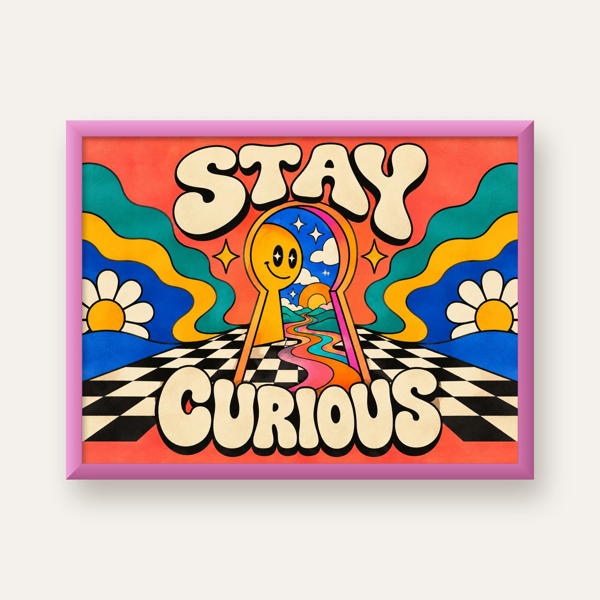 Psikedelik Anahtar Deliği ve STAY CURIOUS Poster Baskı — pembe çerçeveli