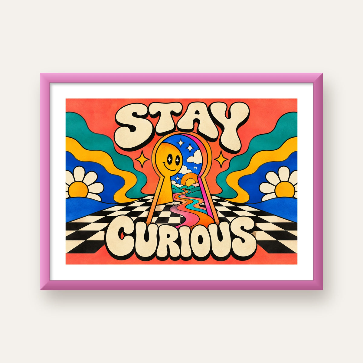 Psikedelik Anahtar Deliği ve STAY CURIOUS Poster Baskı — pembe çerçeveli paspartulu