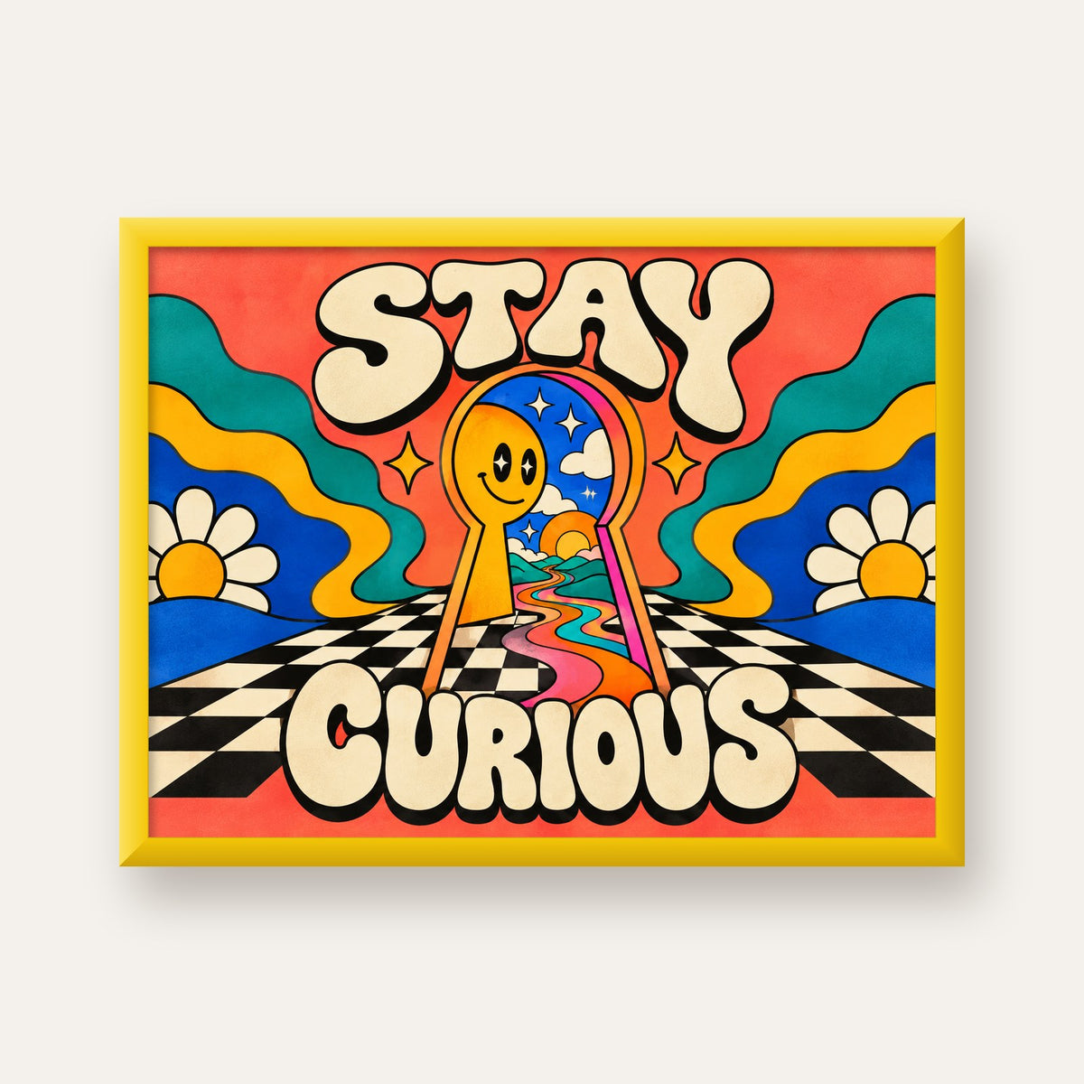 Psikedelik Anahtar Deliği ve STAY CURIOUS Poster Baskı — sarı çerçeveli