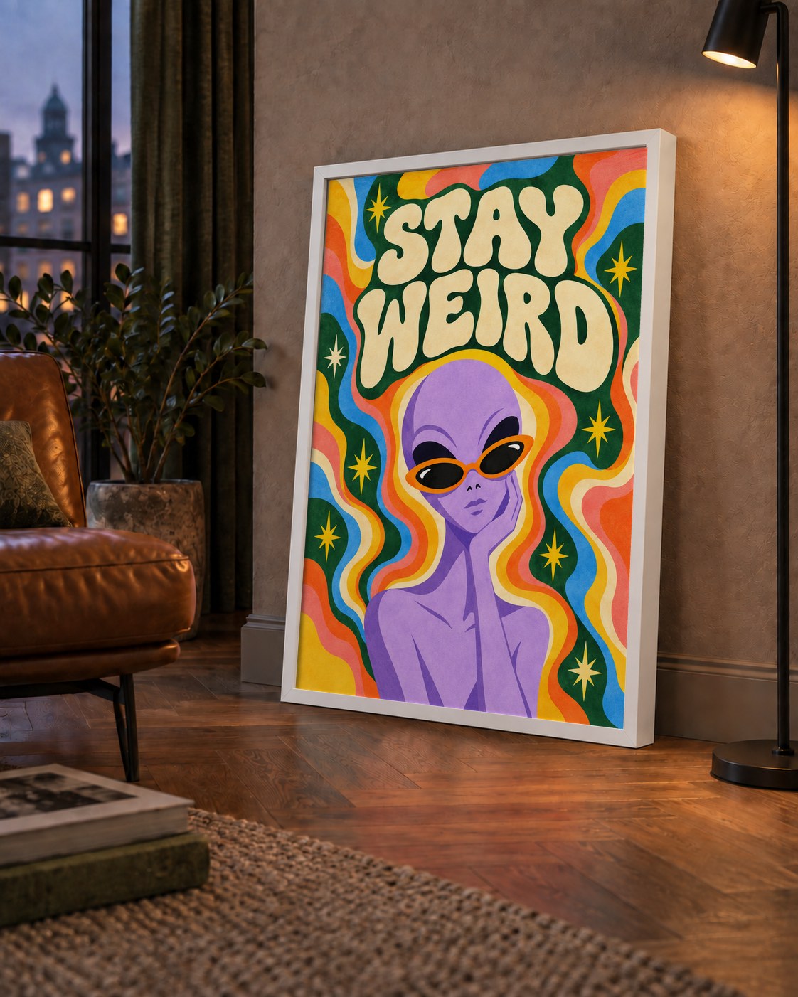 Retro Psikedelik Uzaylı Poster – Stay Weird Dijital Duvar Sanatı — çerçeveli hâliyle bir ev duvarında