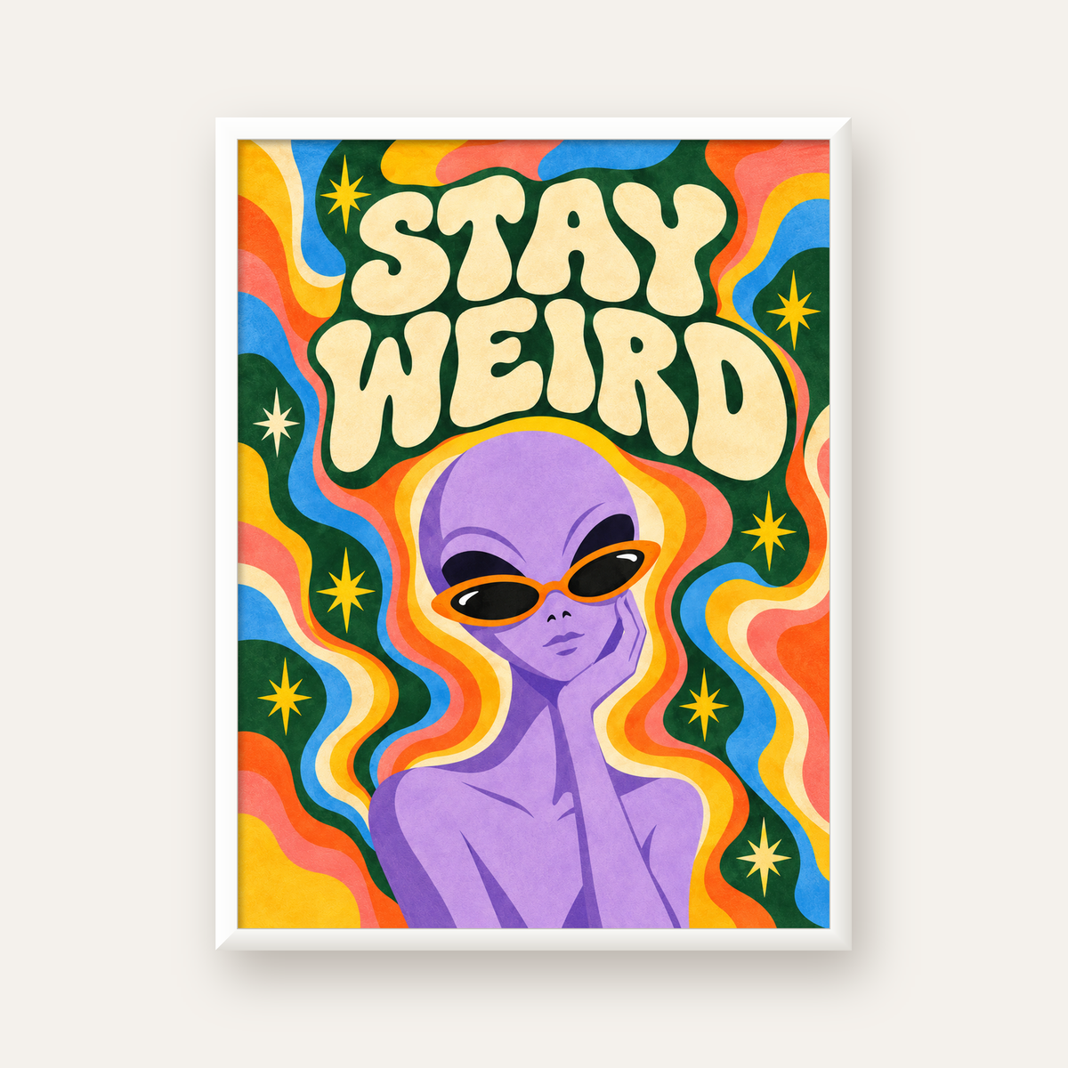 Retro Psikedelik Uzaylı Poster – Stay Weird Dijital Duvar Sanatı — beyaz çerçeveli dikey poster
