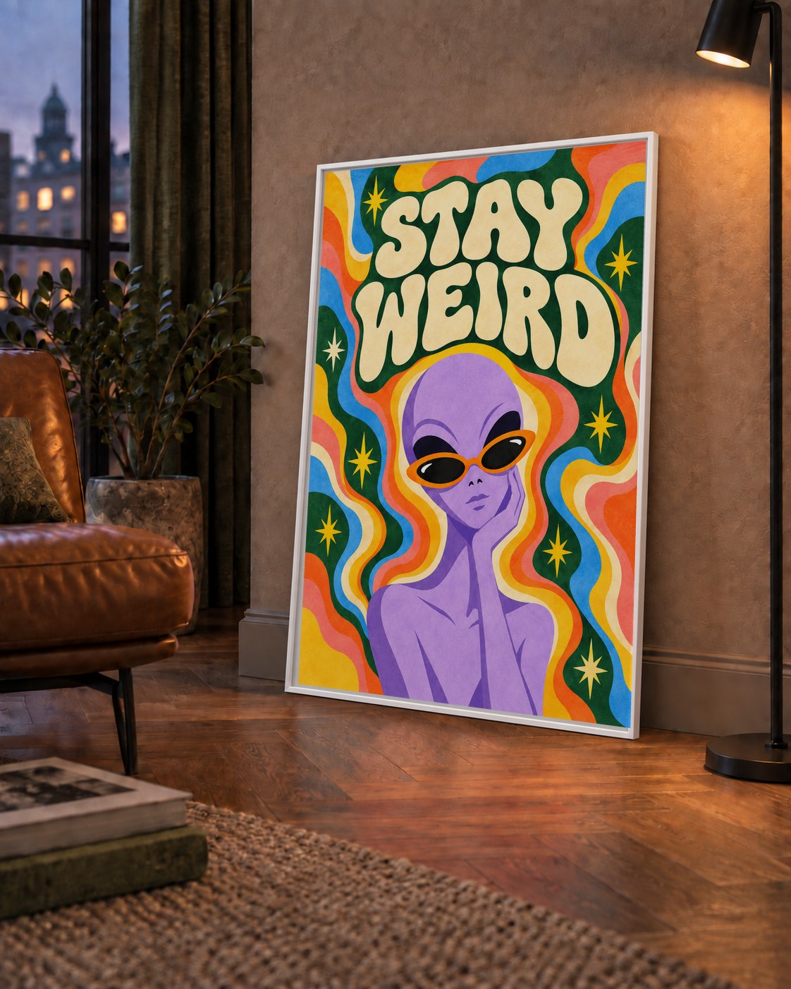 Retro Psikedelik Uzaylı Poster – Stay Weird Dijital Duvar Sanatı — çerçeveli hâliyle bir ev duvarında