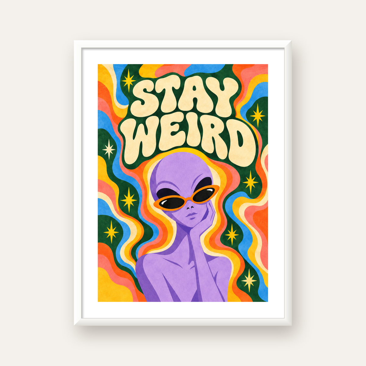 Retro Psikedelik Uzaylı Poster – Stay Weird Dijital Duvar Sanatı — beyaz çerçeveli dikey poster