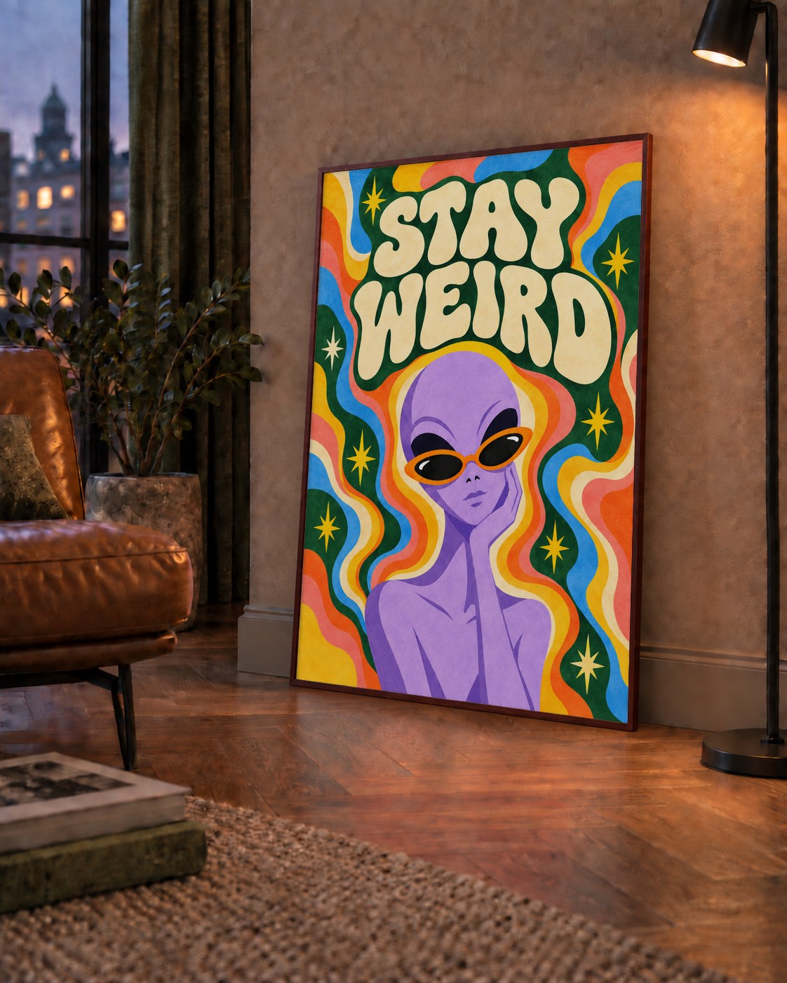 Retro Psikedelik Uzaylı Poster – Stay Weird Dijital Duvar Sanatı — çerçeveli hâliyle bir ev duvarında