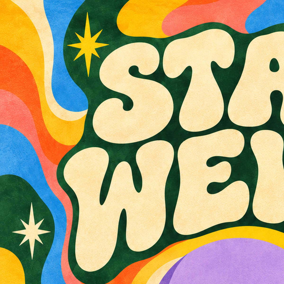 Retro Psikedelik Uzaylı Poster – Stay Weird Dijital Duvar Sanatı — baskının yakın çekimi, kâğıt dokusu ve renk detayı