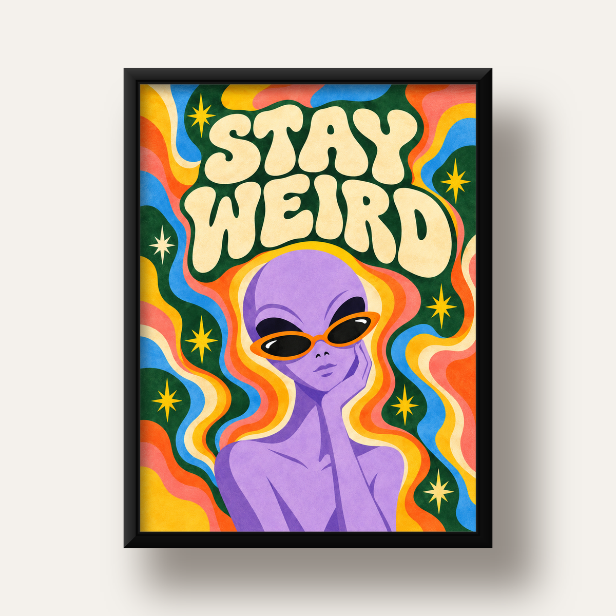 Retro Psikedelik Uzaylı Poster – Stay Weird Dijital Duvar Sanatı — siyah derin çerçeveli