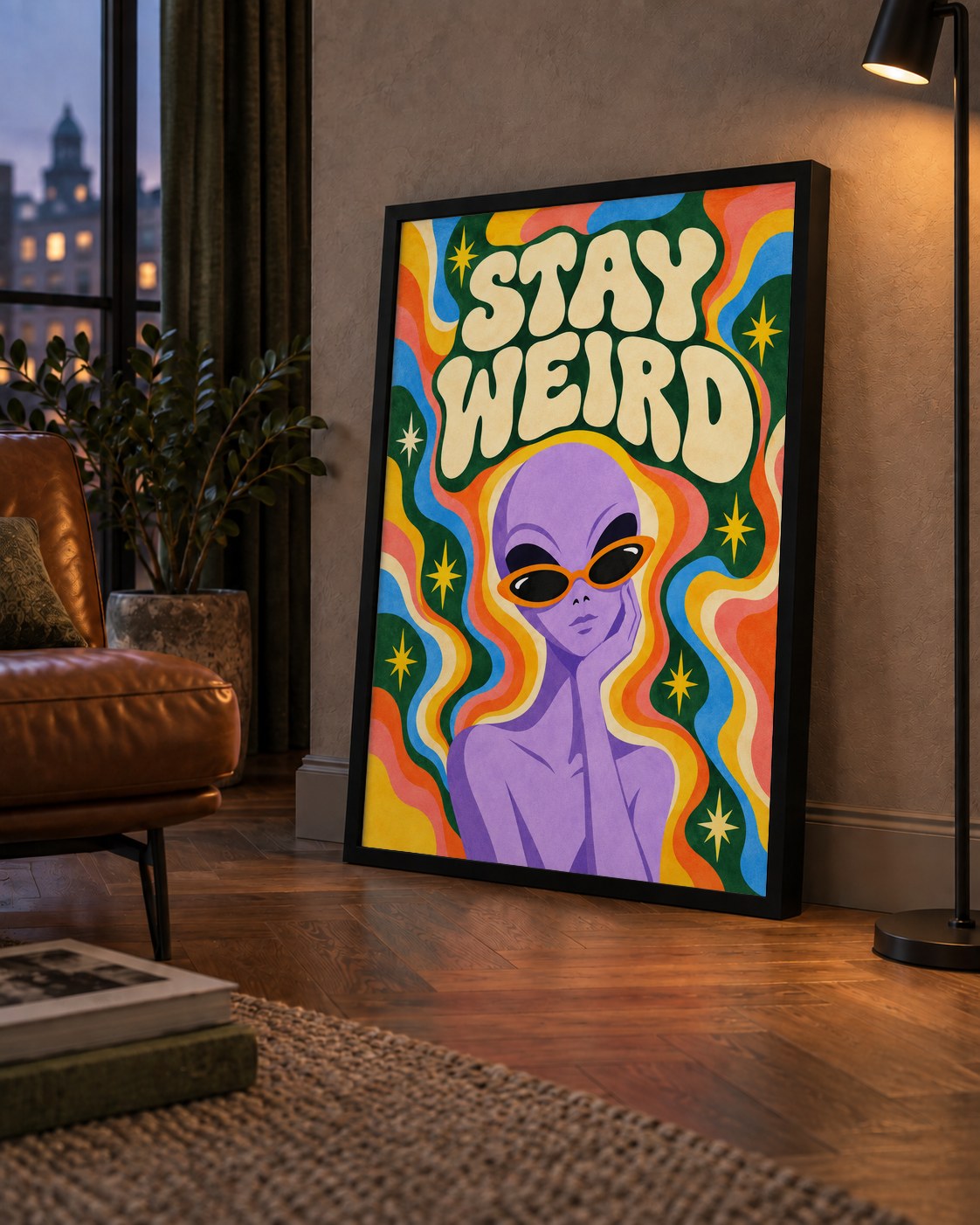 Retro Psikedelik Uzaylı Poster – Stay Weird Dijital Duvar Sanatı — çerçeveli hâliyle bir ev duvarında