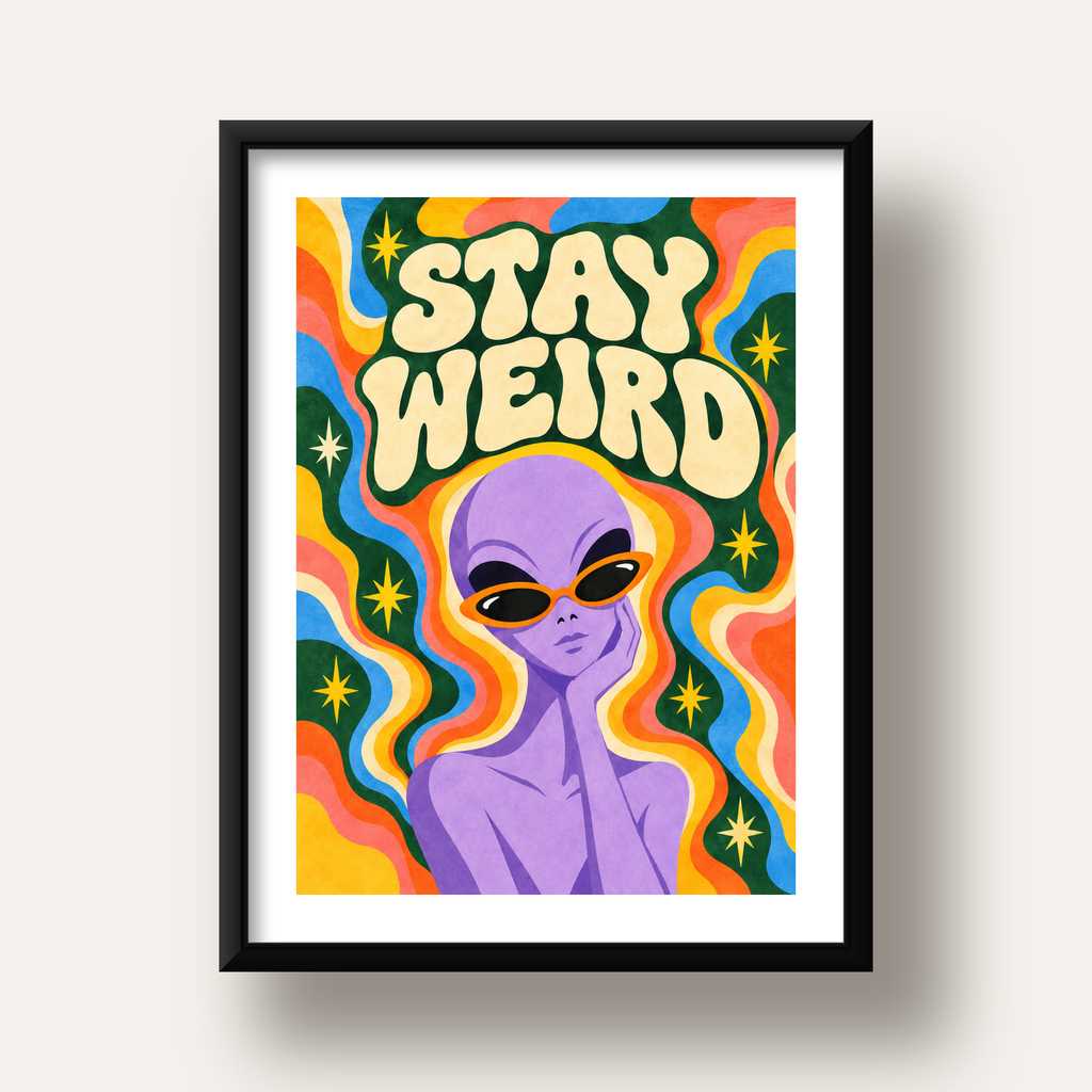 Retro Psikedelik Uzaylı Poster – Stay Weird Dijital Duvar Sanatı — siyah derin çerçeveli paspartulu