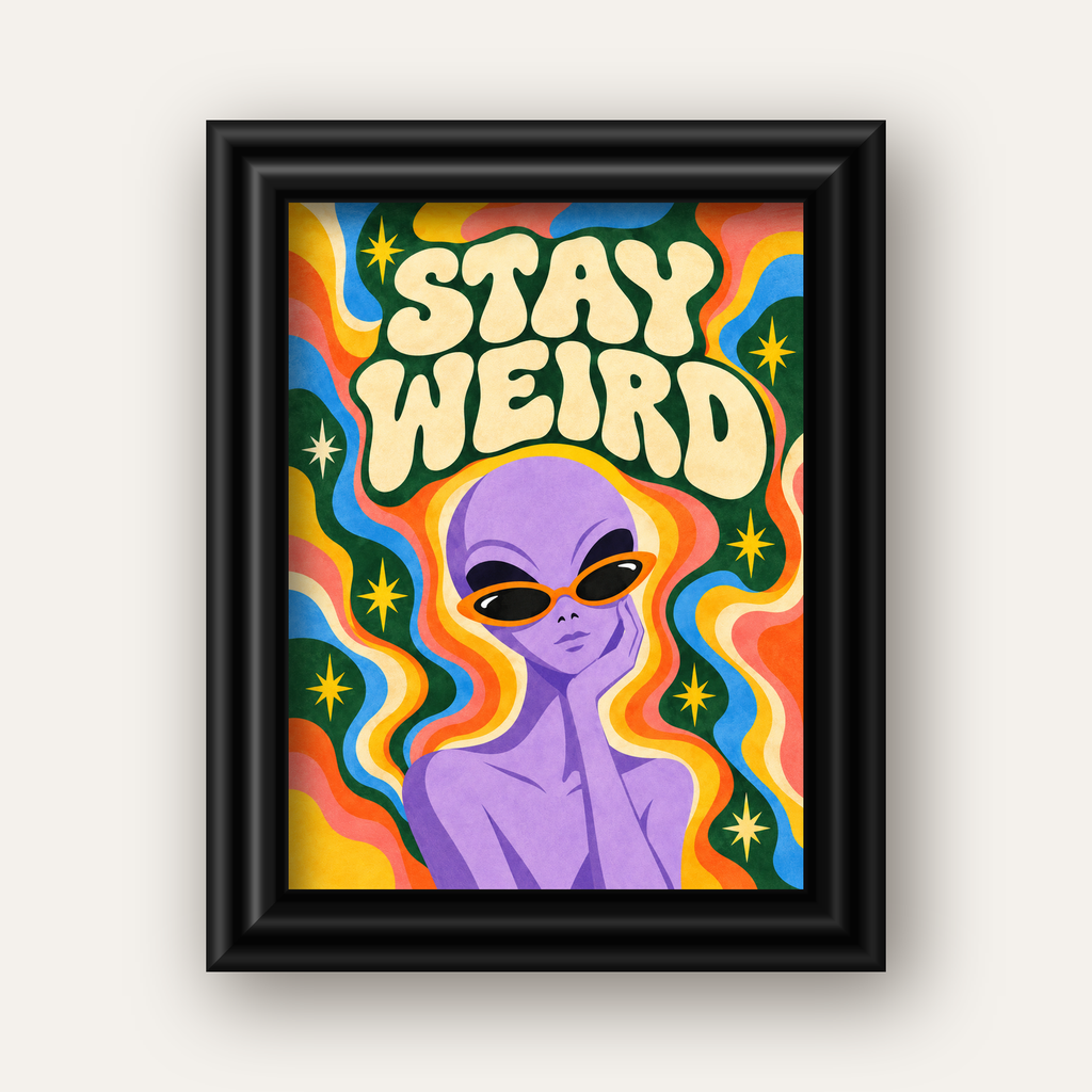 Retro Psikedelik Uzaylı Poster – Stay Weird Dijital Duvar Sanatı — siyah galeri çerçeveli