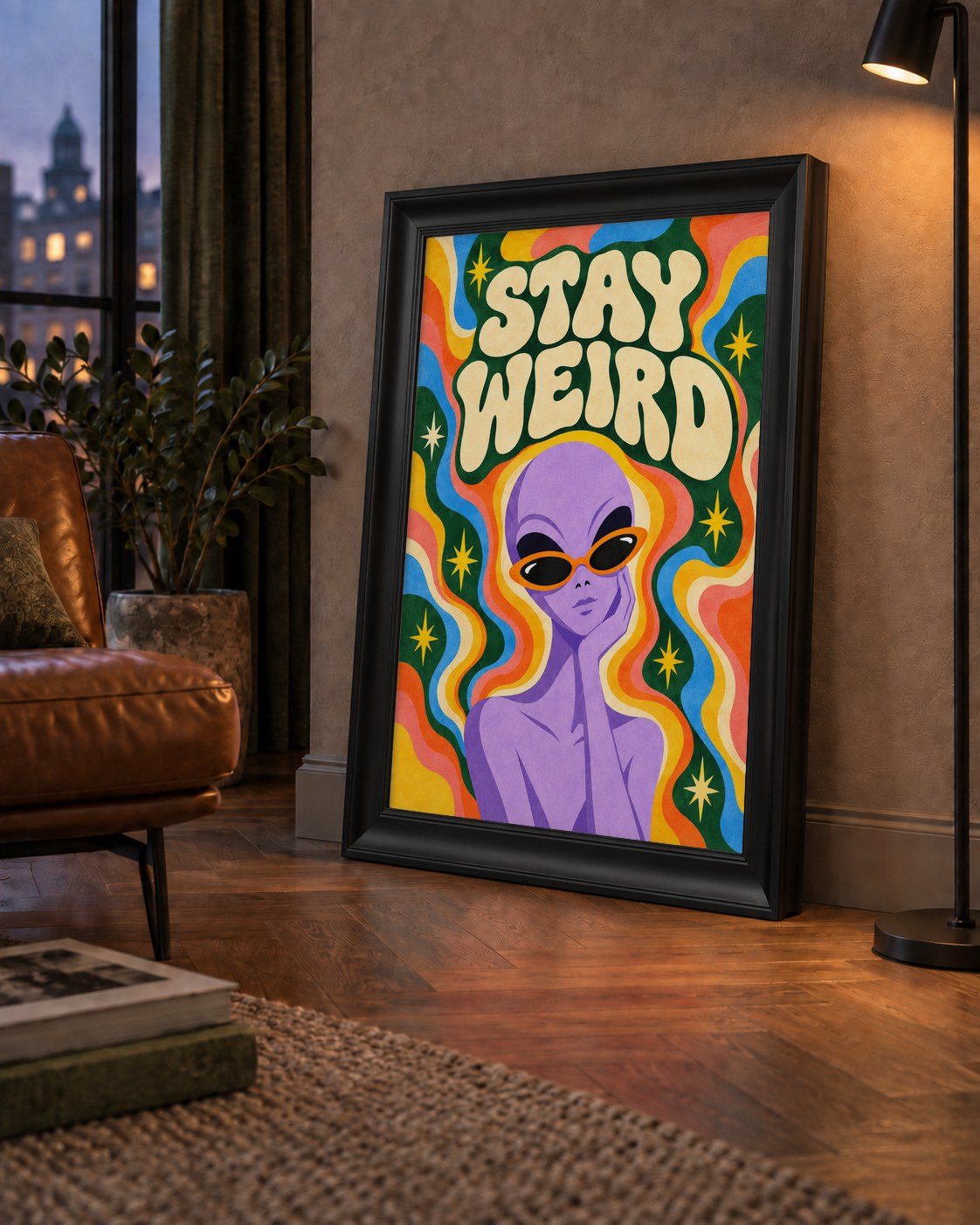Retro Psikedelik Uzaylı Poster – Stay Weird Dijital Duvar Sanatı — çerçeveli hâliyle bir ev duvarında