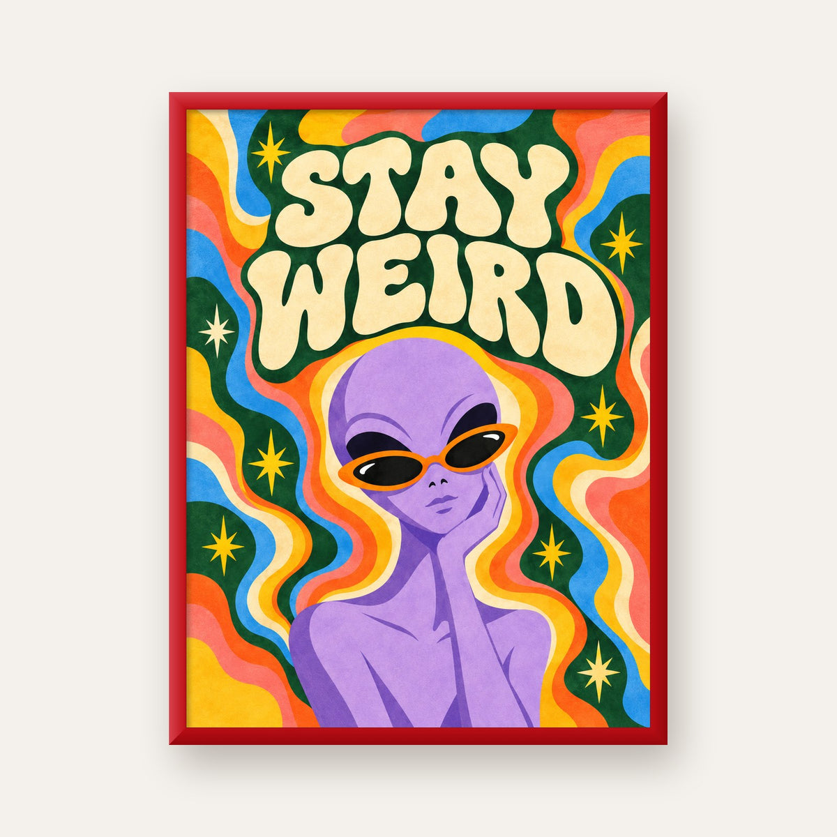 Retro Psikedelik Uzaylı Poster – Stay Weird Dijital Duvar Sanatı — kırmızı çerçeveli