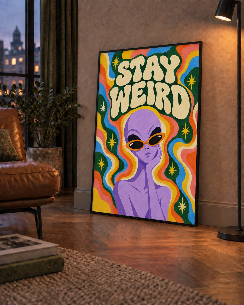 Retro Psikedelik Uzaylı Poster – Stay Weird Dijital Duvar Sanatı — çerçeveli hâliyle bir ev duvarında