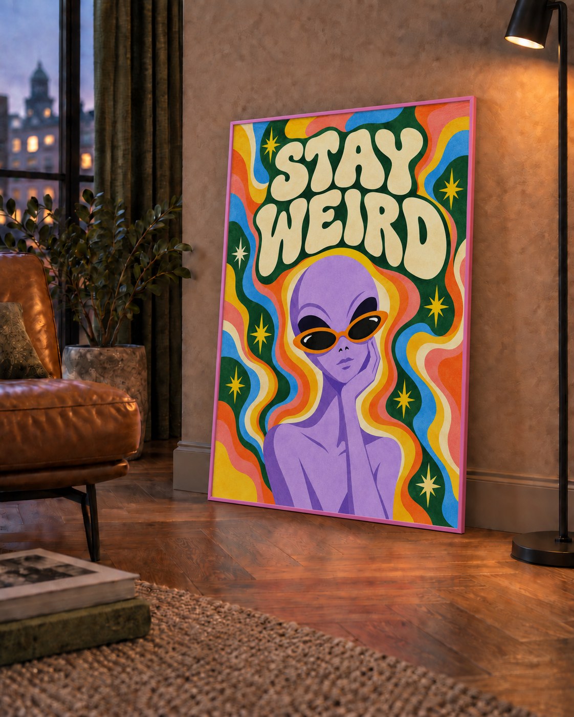 Retro Psikedelik Uzaylı Poster – Stay Weird Dijital Duvar Sanatı — çerçeveli hâliyle bir ev duvarında