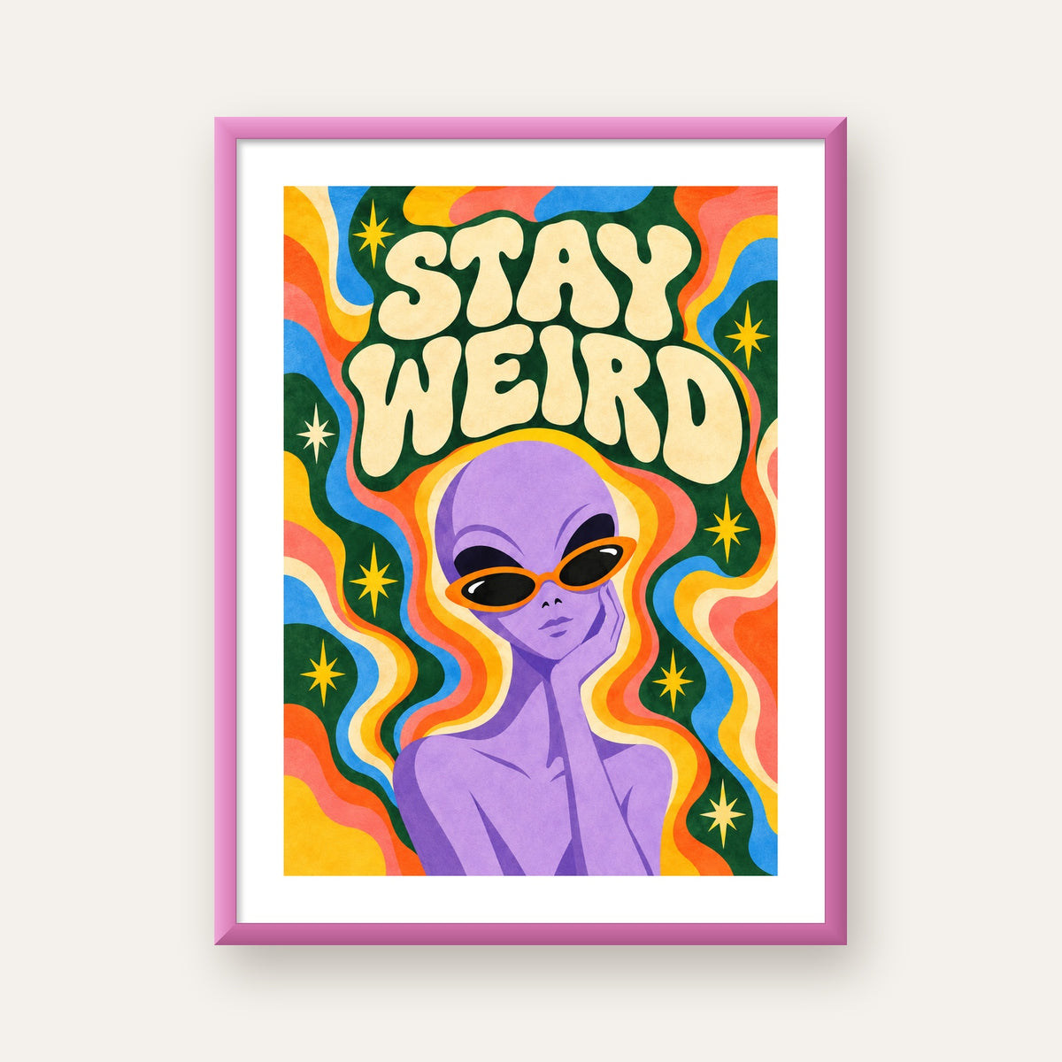 Retro Psikedelik Uzaylı Poster – Stay Weird Dijital Duvar Sanatı — pembe çerçeveli paspartulu
