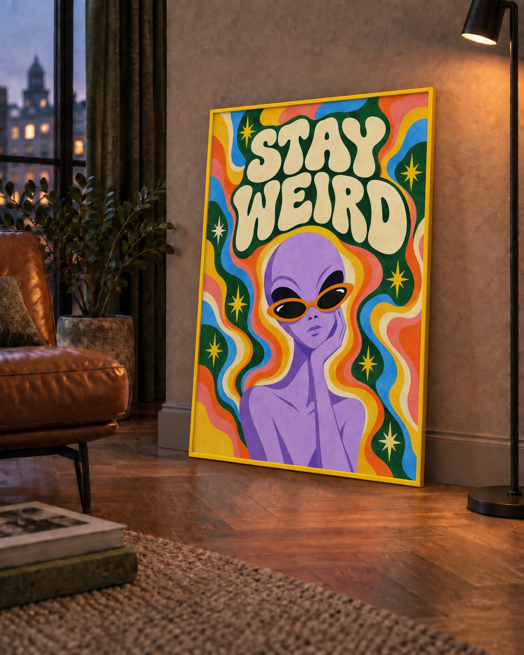 Retro Psikedelik Uzaylı Poster – Stay Weird Dijital Duvar Sanatı — çerçeveli hâliyle bir ev duvarında