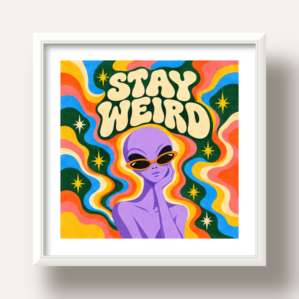Retro Psikedelik Uzaylı Poster – Stay Weird Dijital Duvar Sanatı — beyaz derin çerçeveli paspartulu