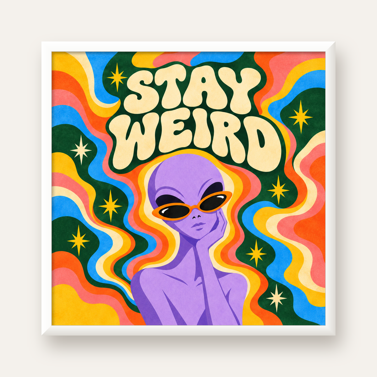 Retro Psikedelik Uzaylı Poster – Stay Weird Dijital Duvar Sanatı — beyaz çerçeveli kare poster