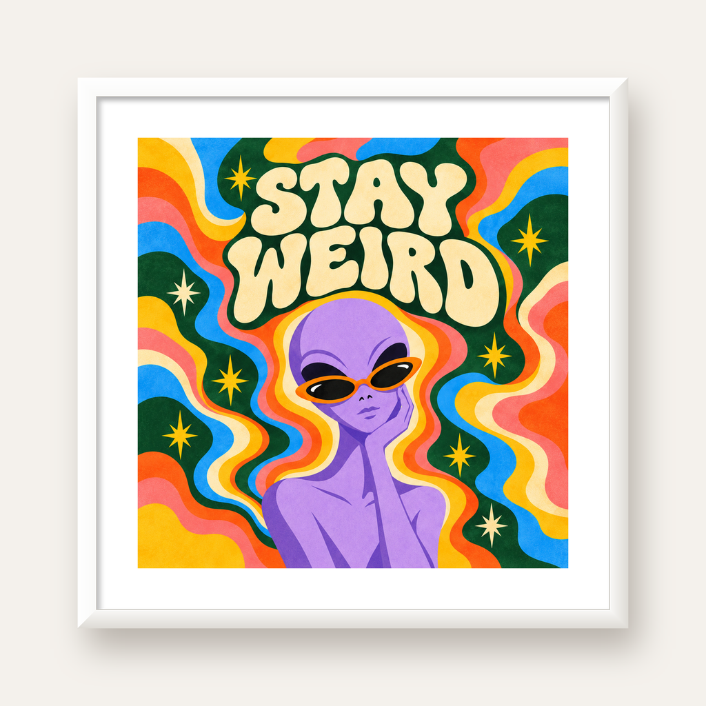 Retro Psikedelik Uzaylı Poster – Stay Weird Dijital Duvar Sanatı — beyaz çerçeveli kare poster