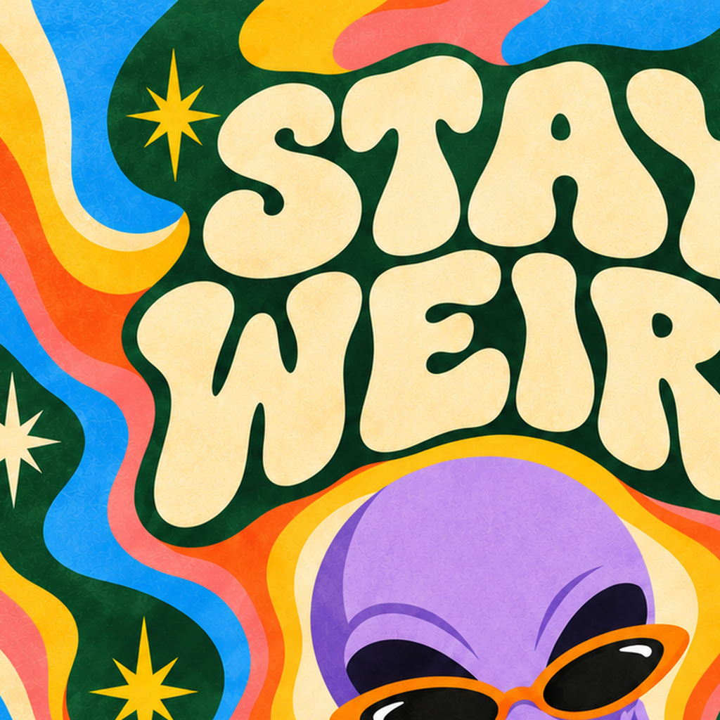 Retro Psikedelik Uzaylı Poster – Stay Weird Dijital Duvar Sanatı — baskının yakın çekimi, kâğıt dokusu ve renk detayı