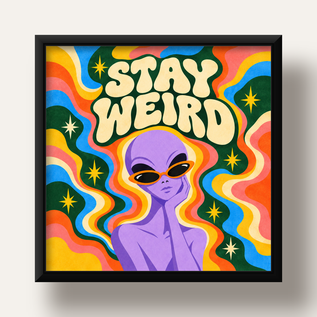 Retro Psikedelik Uzaylı Poster – Stay Weird Dijital Duvar Sanatı — siyah derin çerçeveli