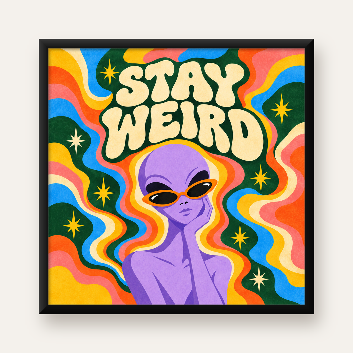 Retro Psikedelik Uzaylı Poster – Stay Weird Dijital Duvar Sanatı — Kare baskı, düz siyah çerçeveli duvar posteri