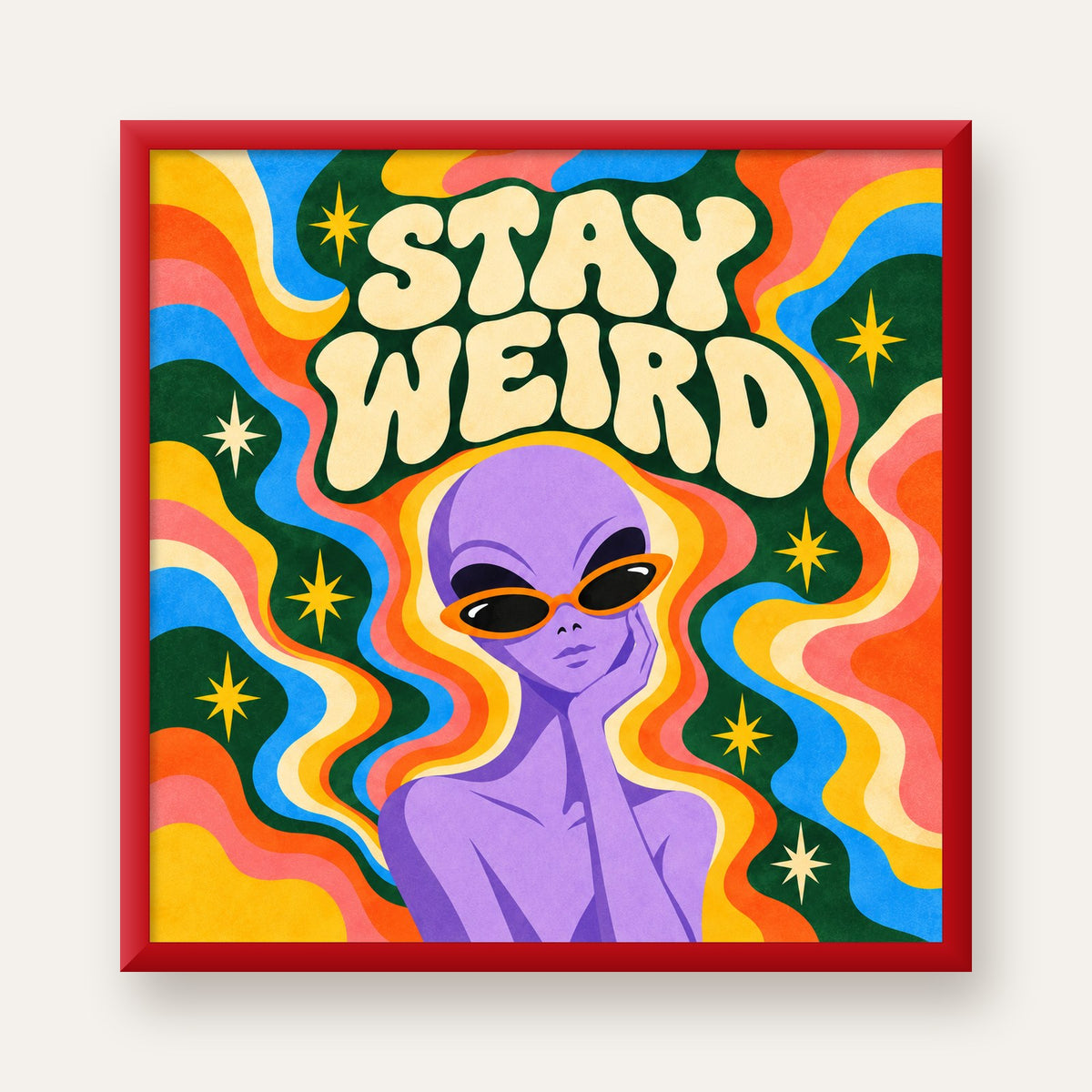 Retro Psikedelik Uzaylı Poster – Stay Weird Dijital Duvar Sanatı — kırmızı çerçeveli