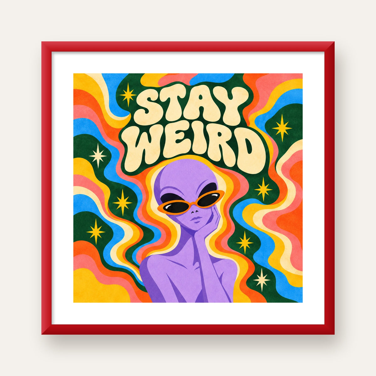 Retro Psikedelik Uzaylı Poster – Stay Weird Dijital Duvar Sanatı — kırmızı çerçeveli paspartulu