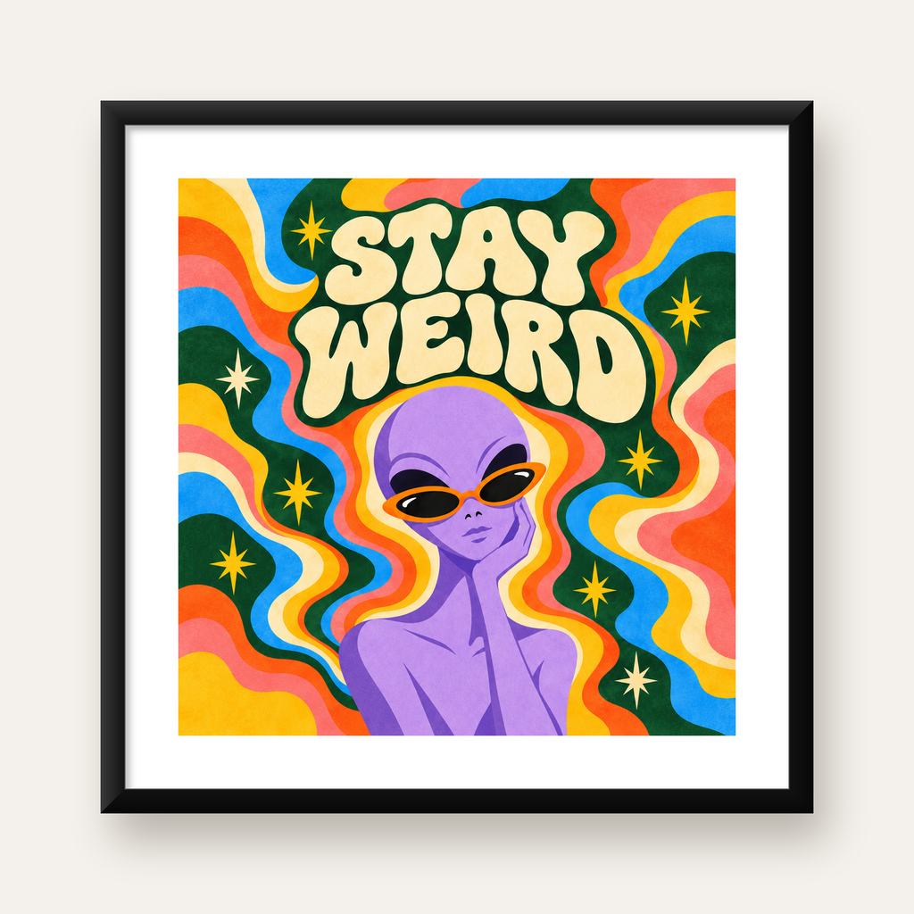 Retro Psikedelik Uzaylı Poster – Stay Weird Dijital Duvar Sanatı — Kare baskı, beyaz paspartulu