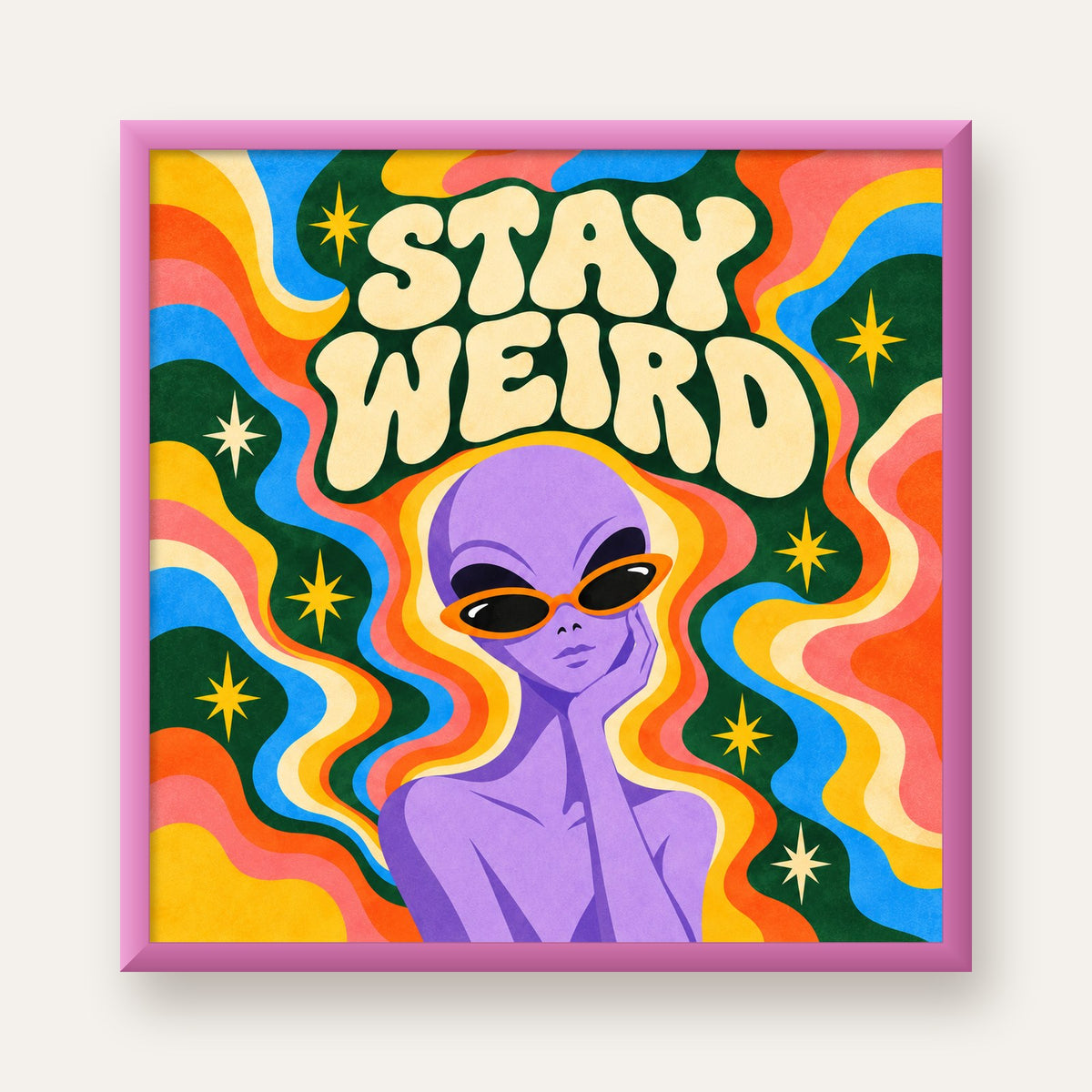 Retro Psikedelik Uzaylı Poster – Stay Weird Dijital Duvar Sanatı — pembe çerçeveli