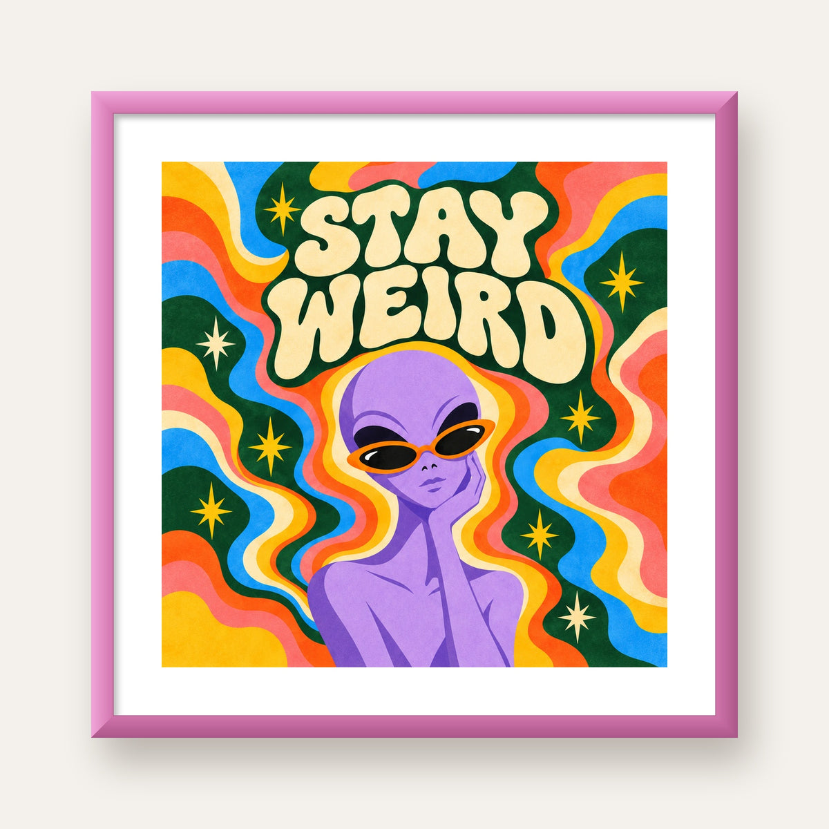 Retro Psikedelik Uzaylı Poster – Stay Weird Dijital Duvar Sanatı — pembe çerçeveli paspartulu