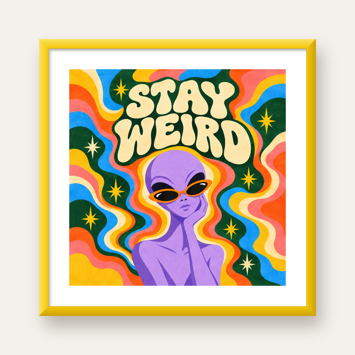 Retro Psikedelik Uzaylı Poster – Stay Weird Dijital Duvar Sanatı — sarı çerçeveli paspartulu