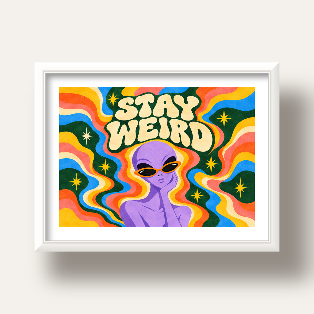 Retro Psikedelik Uzaylı Poster – Stay Weird Dijital Duvar Sanatı — beyaz derin çerçeveli paspartulu
