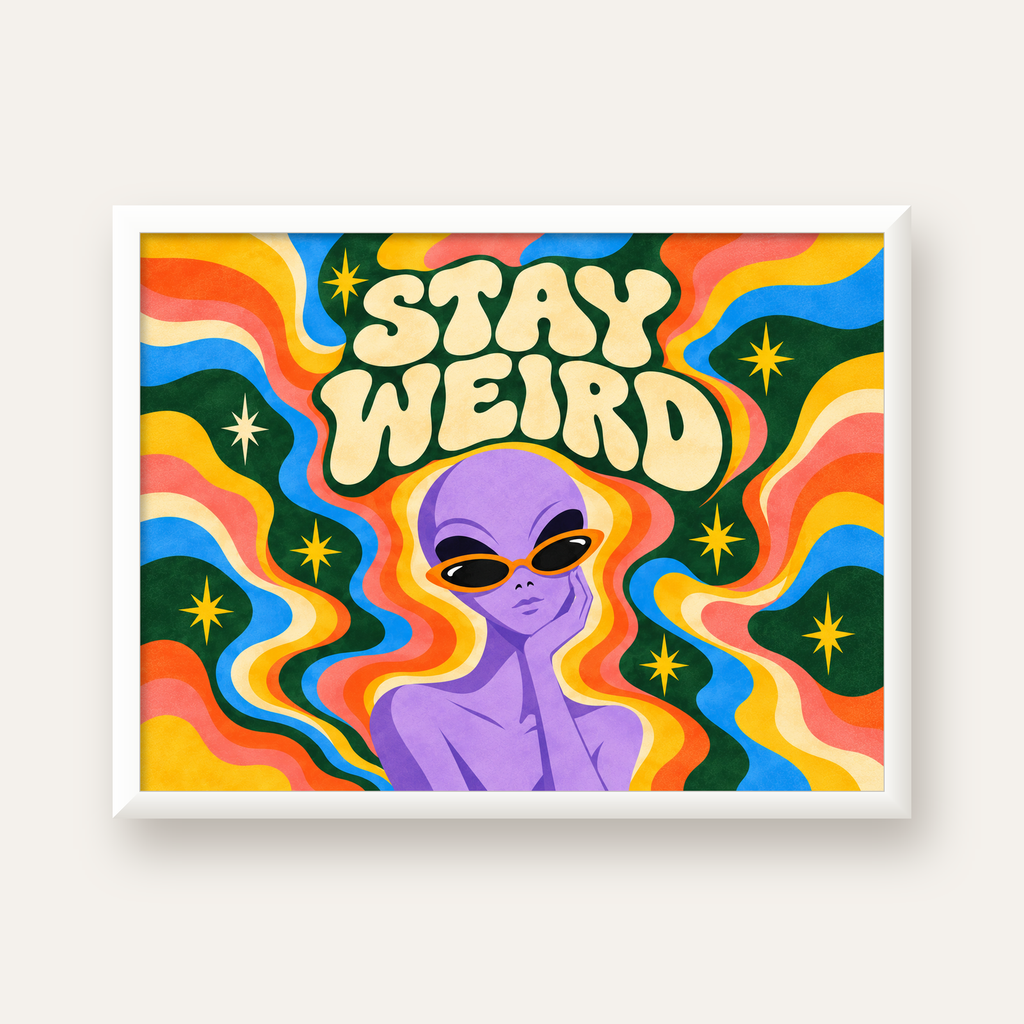 Retro Psikedelik Uzaylı Poster – Stay Weird Dijital Duvar Sanatı — beyaz çerçeveli yatay poster