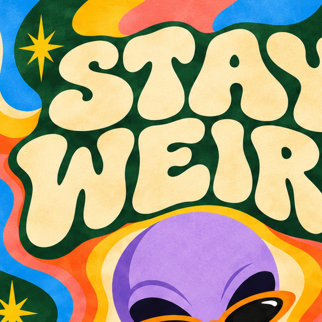 Retro Psikedelik Uzaylı Poster – Stay Weird Dijital Duvar Sanatı — baskının yakın çekimi, kâğıt dokusu ve renk detayı