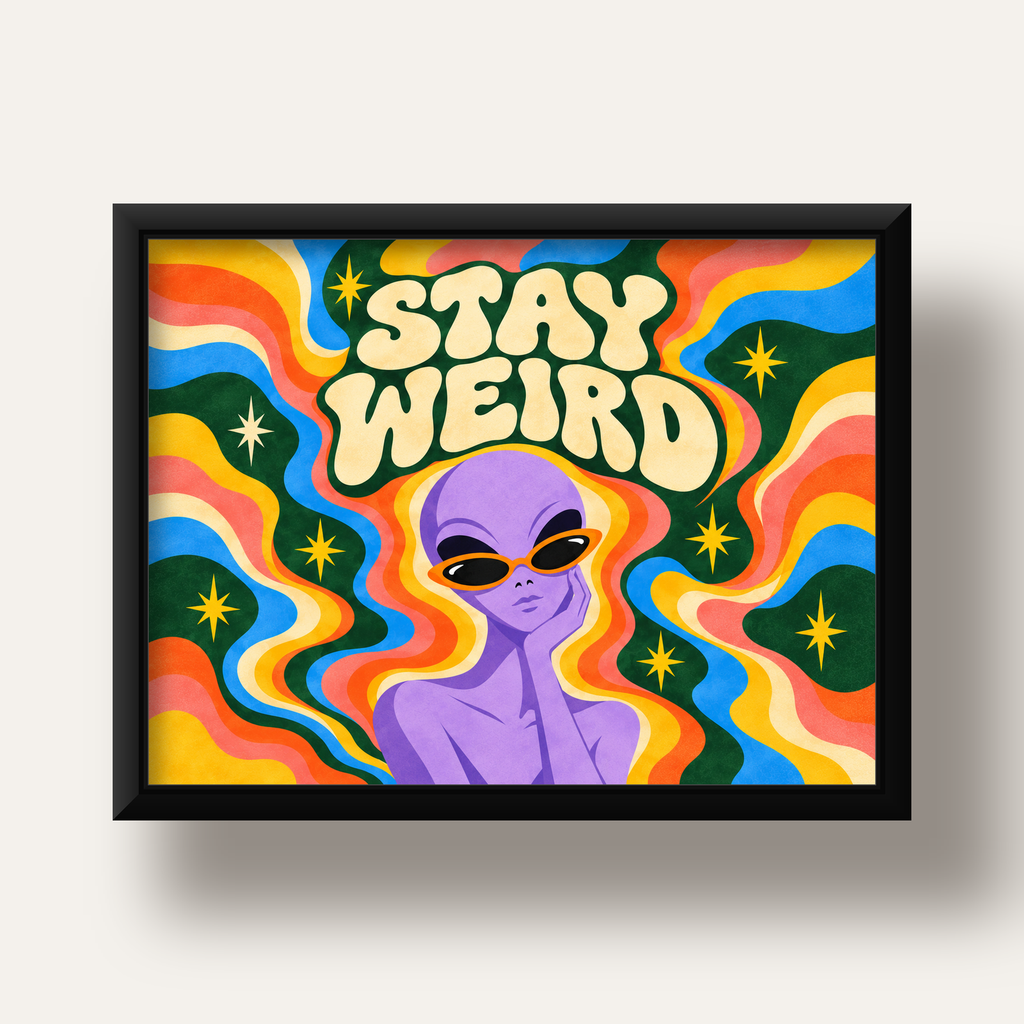 Retro Psikedelik Uzaylı Poster – Stay Weird Dijital Duvar Sanatı — siyah derin çerçeveli
