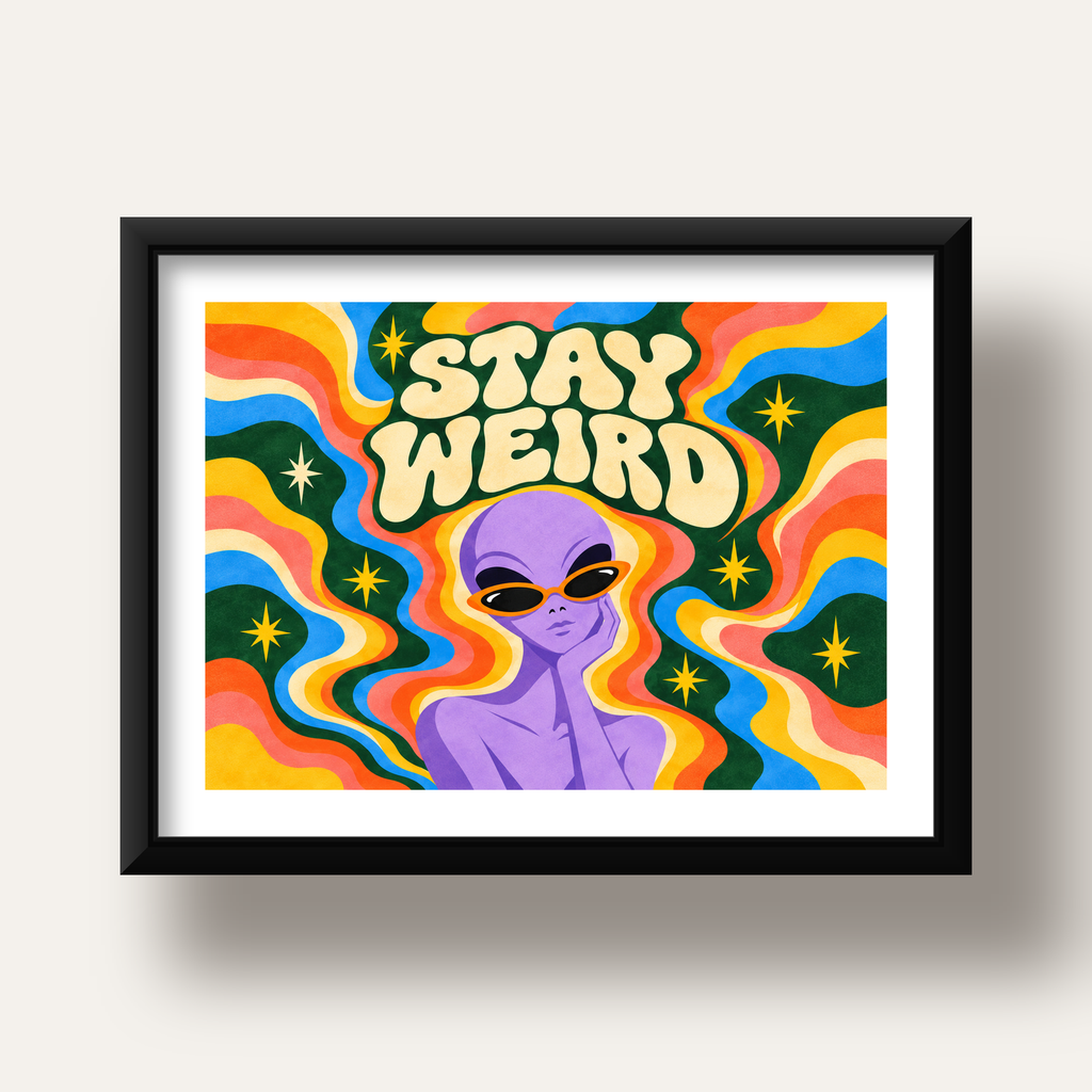 Retro Psikedelik Uzaylı Poster – Stay Weird Dijital Duvar Sanatı — siyah derin çerçeveli paspartulu
