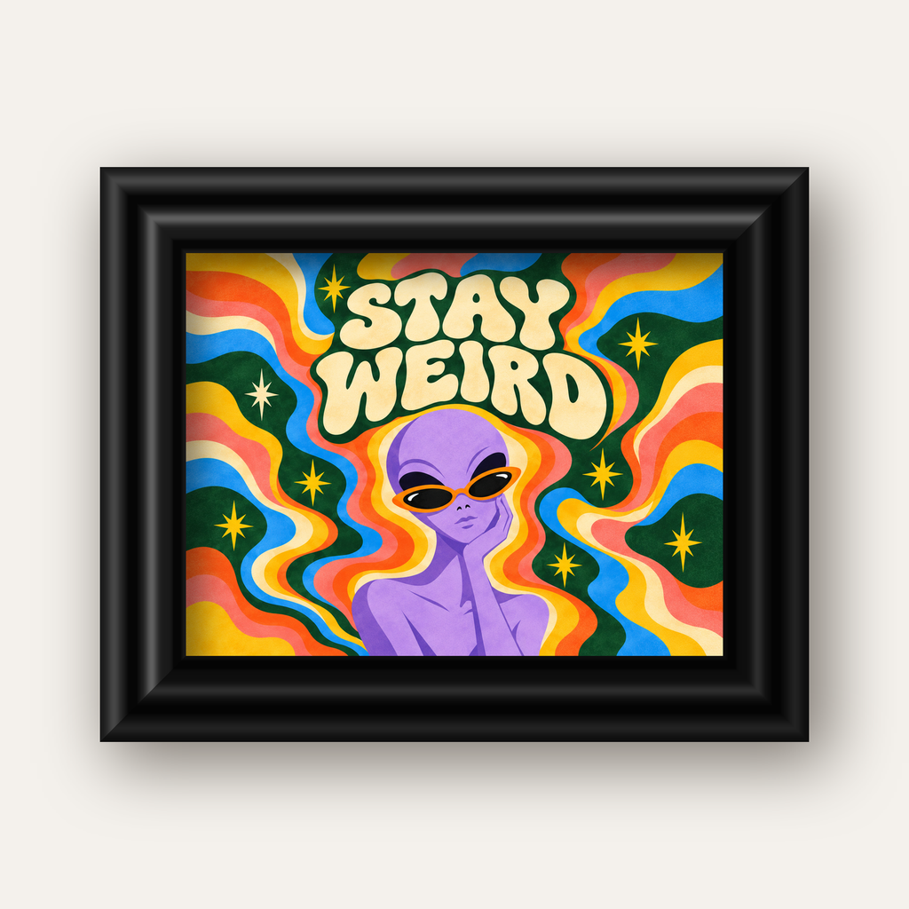 Retro Psikedelik Uzaylı Poster – Stay Weird Dijital Duvar Sanatı — siyah galeri çerçeveli