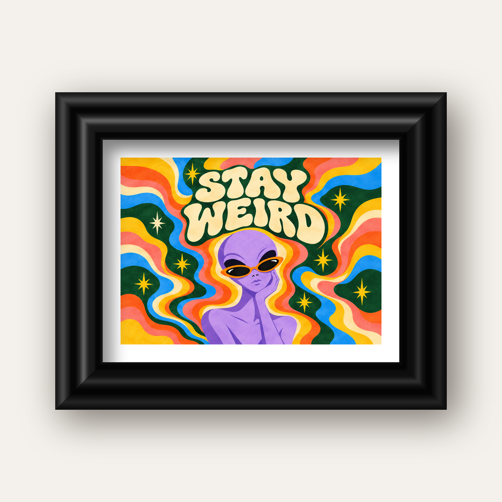 Retro Psikedelik Uzaylı Poster – Stay Weird Dijital Duvar Sanatı — siyah galeri çerçeveli paspartulu