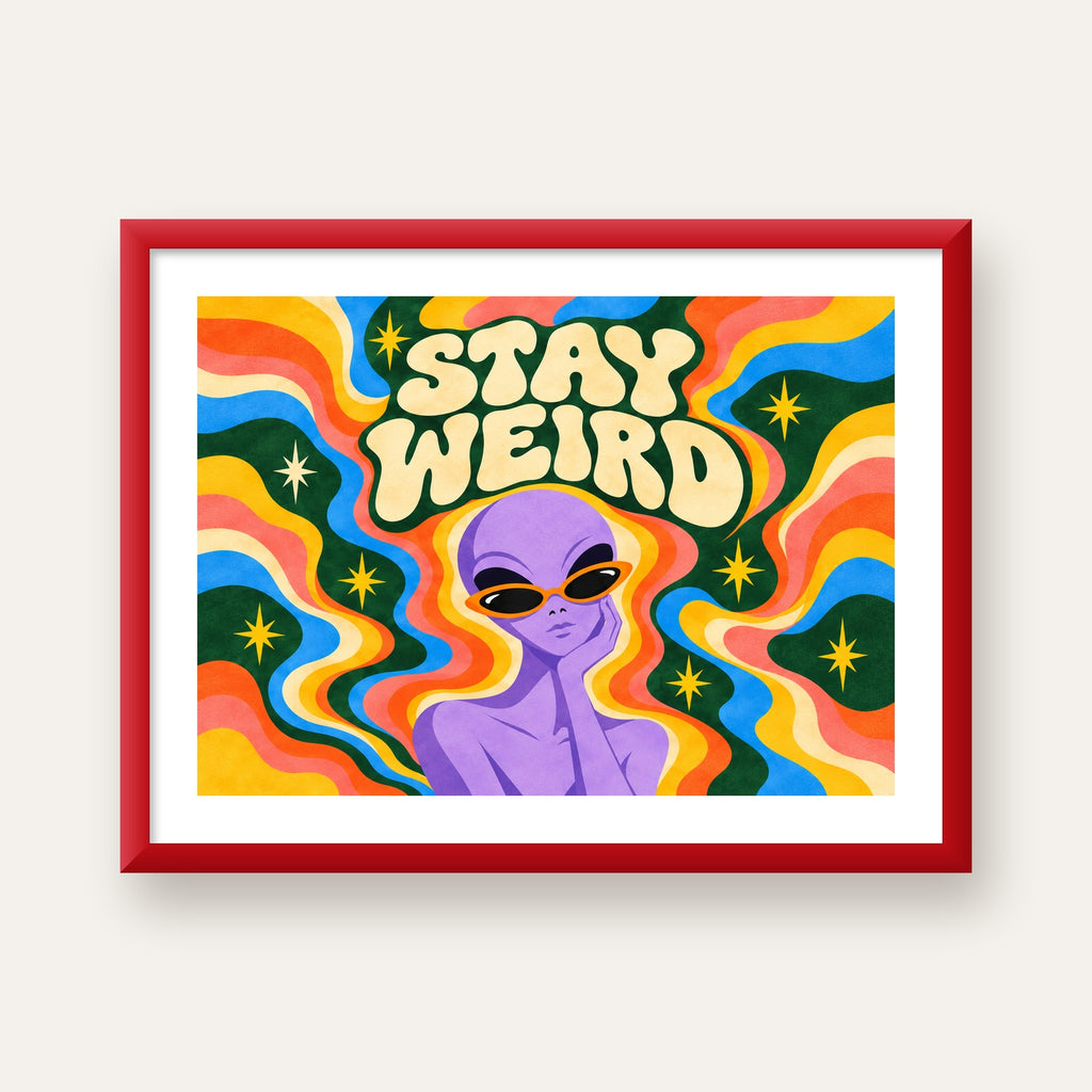 Retro Psikedelik Uzaylı Poster – Stay Weird Dijital Duvar Sanatı — kırmızı çerçeveli paspartulu