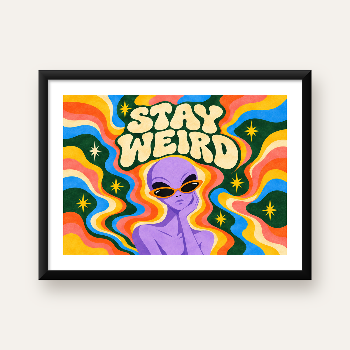 Retro Psikedelik Uzaylı Poster – Stay Weird Dijital Duvar Sanatı — Yatay baskı, beyaz paspartulu