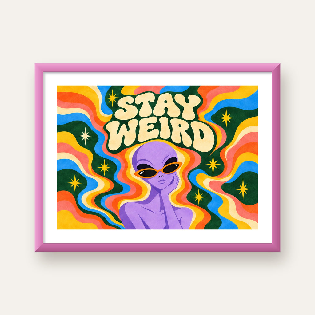 Retro Psikedelik Uzaylı Poster – Stay Weird Dijital Duvar Sanatı — pembe çerçeveli paspartulu