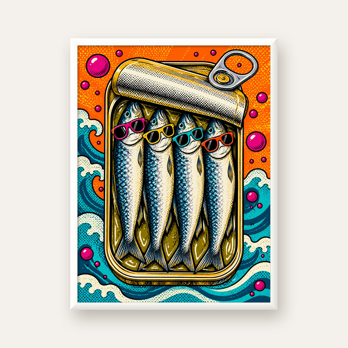 Pop Art Gözlüklü Sardalya Konservesi Poster — beyaz çerçeveli dikey poster