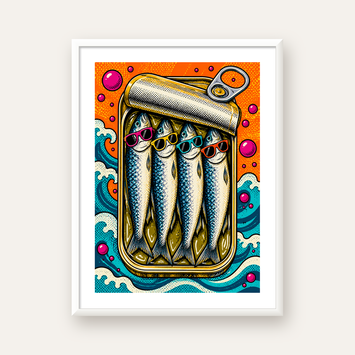 Pop Art Gözlüklü Sardalya Konservesi Poster — beyaz çerçeveli dikey poster