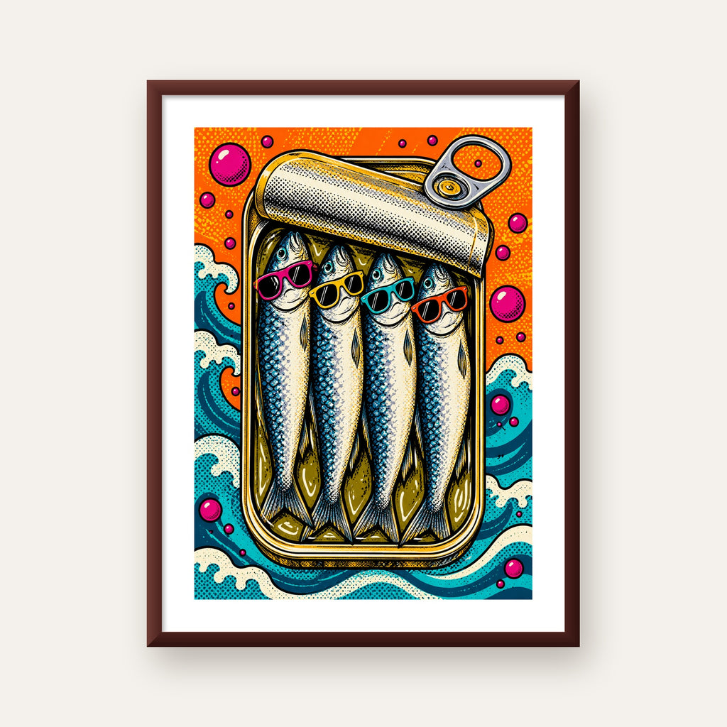 Pop Art Gözlüklü Sardalya Konservesi Poster — ceviz çerçeveli paspartulu