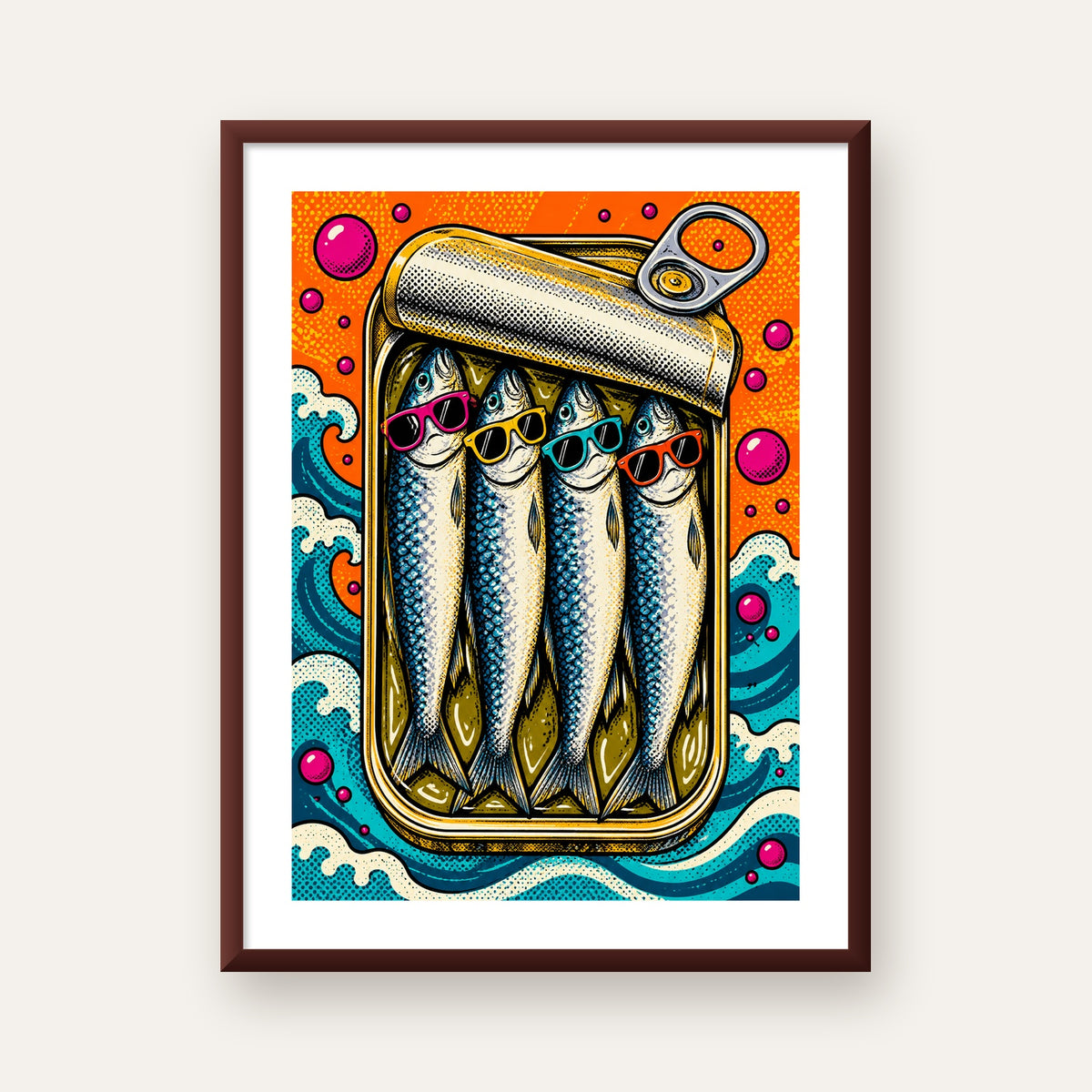 Pop Art Gözlüklü Sardalya Konservesi Poster — ceviz çerçeveli paspartulu
