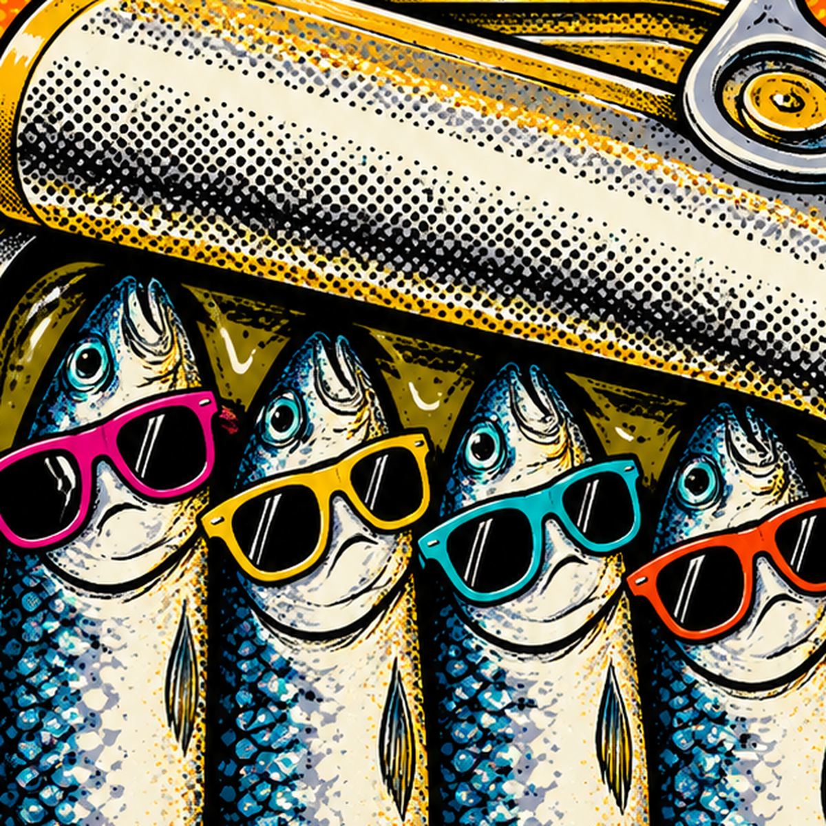 Pop Art Gözlüklü Sardalya Konservesi Poster — baskının yakın çekimi, kâğıt dokusu ve renk detayı