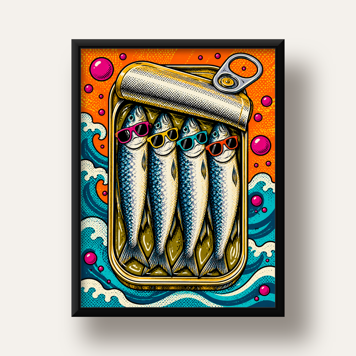 Pop Art Gözlüklü Sardalya Konservesi Poster — siyah derin çerçeveli
